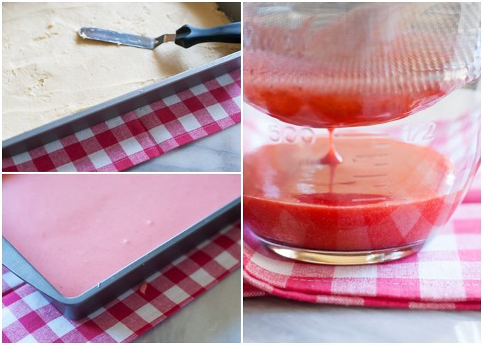 Sugar Cookie Bars with Strawberry Glaze and Sugared Flowers Bake at 350°